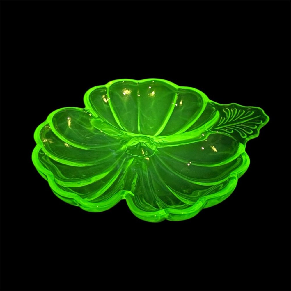 Vintage Uranium Glass Clover Leaf 3 Section Dish Green Depression Glass Serving